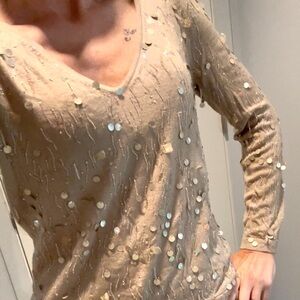 Oscar de la Renta Beige Beaded Embellished V-Neck Cashmere/Silk Sweater.✨Size M
